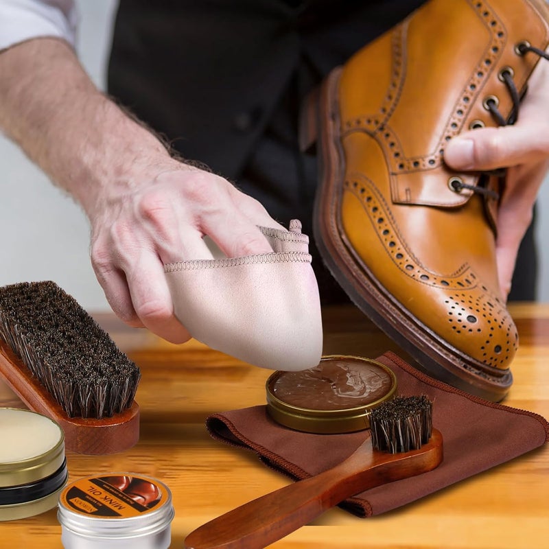 NBUOON 13Pcs Shoe Care Kit for Men & Women,3 Horsehair Shoe Polish Brush,Black Brown Neutral Mink Oil for Shoes,Care for Leather Boots, Shoe Cleaning Kit as Gift for Men with Shine Sponges & Care Cloth - Image 4
